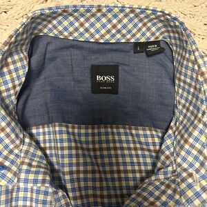 Boss Men's Casual Plaid Shirt - Blue, Brown, and Yellow